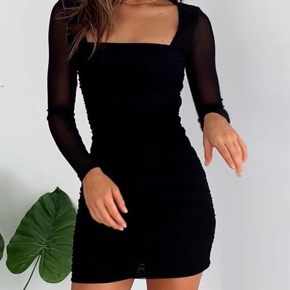 Boohoo Long Sleeve Ruched Bodycon Mini Dress with mesh sleeves